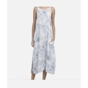 Lungo L'arno 100% Linen Sleeveless Midi Dress Floral A-Line Pockets Sz‎ Medium